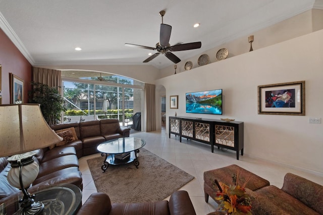 7052 Cataluna Cir, Delray Beach, FL 33446 - living room with a ceiling fan, lofted ceiling, ornamental molding, light tile patterned floors, and recessed lighting