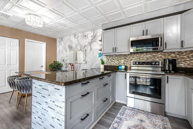 22164 Boca Rancho Dr Unit D, Boca Raton, FL 33428 - kitchen with stainless steel appliances, an ornate ceiling, a peninsula, tasteful backsplash, and dark wood-style flooring