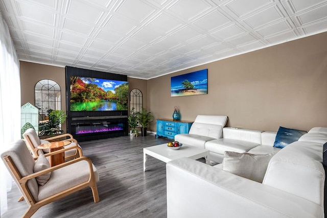 22164 Boca Rancho Dr Unit D, Boca Raton, FL 33428 - living area with an ornate ceiling, a glass covered fireplace, and wood finished floors