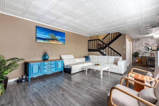 22164 Boca Rancho Dr Unit D, Boca Raton, FL 33428 - living area featuring stairs, wood finished floors, and an ornate ceiling