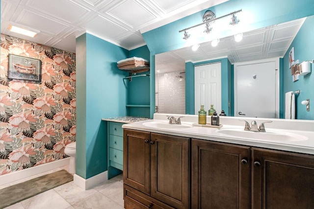 22164 Boca Rancho Dr Unit D, Boca Raton, FL 33428 - full bath featuring an ornate ceiling, double vanity, a shower with curtain, and tile patterned floors