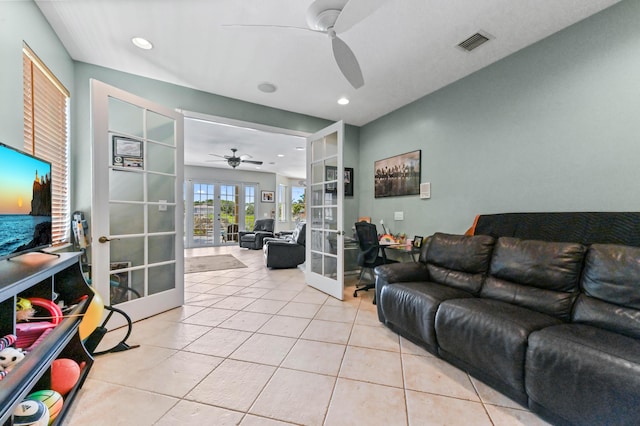 7486 Greenville Cir, Lake Worth, FL 33467 - living room featuring french doors, ceiling fan, light tile patterned flooring, and recessed lighting