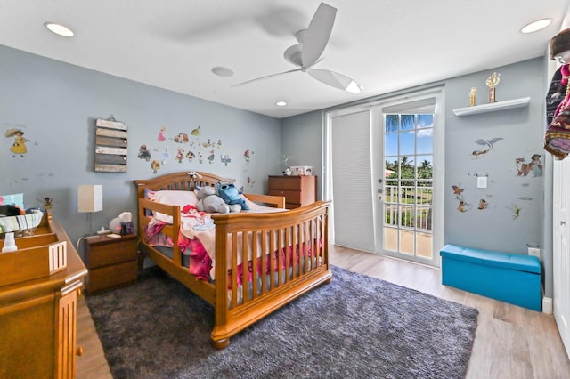 7486 Greenville Cir, Lake Worth, FL 33467 - bedroom featuring access to outside, wood finished floors, ceiling fan, and recessed lighting