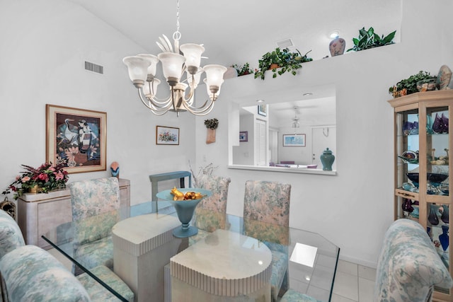 9976 Seacrest Cir Unit D, Boynton Beach, FL 33437 - tiled dining area featuring a chandelier and lofted ceiling