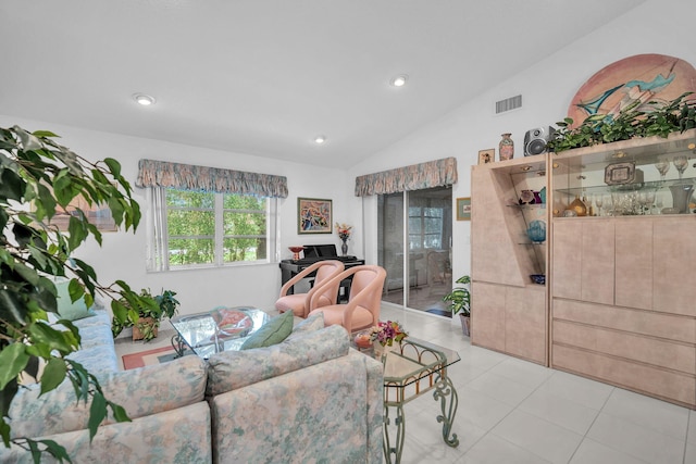 9976 Seacrest Cir Unit D, Boynton Beach, FL 33437 - living room with lofted ceiling, recessed lighting, and light tile patterned floors