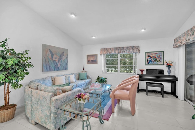 9976 Seacrest Cir Unit D, Boynton Beach, FL 33437 - living room featuring vaulted ceiling, tile patterned flooring, and recessed lighting