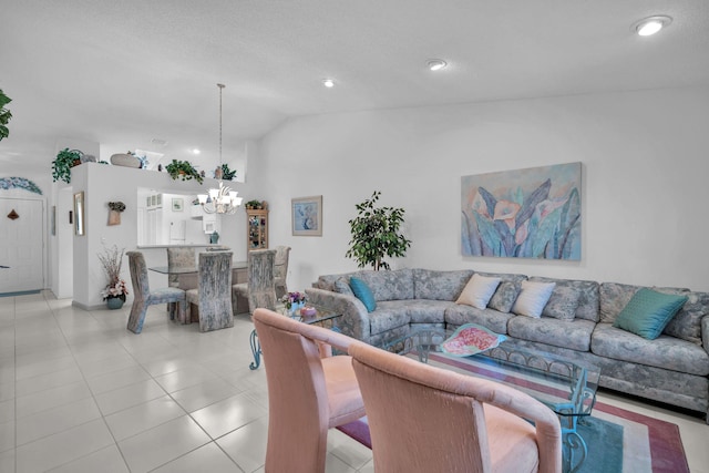 9976 Seacrest Cir Unit D, Boynton Beach, FL 33437 - living room featuring a chandelier, vaulted ceiling, light tile patterned flooring, and recessed lighting