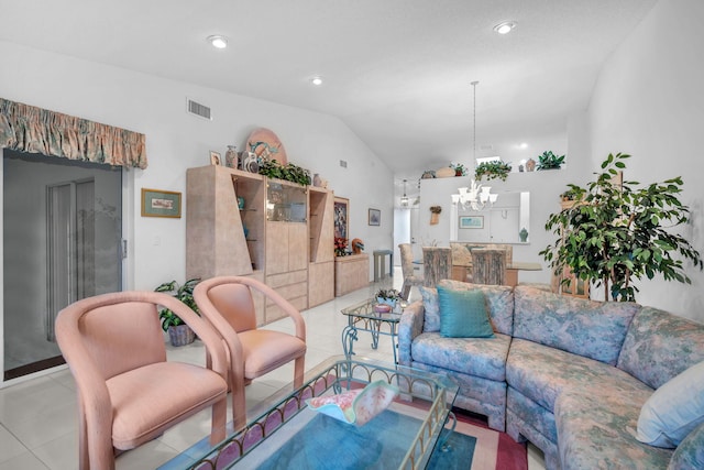 9976 Seacrest Cir Unit D, Boynton Beach, FL 33437 - tiled living area with vaulted ceiling, a chandelier, and recessed lighting