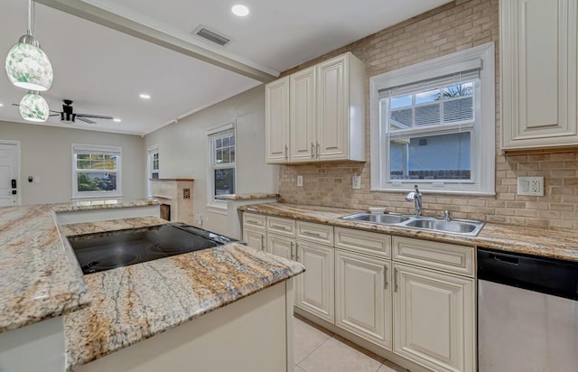 720 N Ocean Breeze, Lake Worth Beach, FL 33460 - kitchen featuring stainless steel dishwasher, decorative backsplash, ceiling fan, recessed lighting, and decorative light fixtures