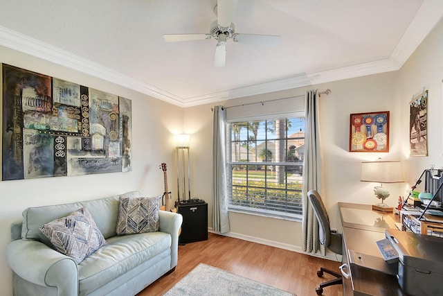 1738 Barnstable Rd, Wellington, FL 33414 - office area with a ceiling fan, crown molding, and wood finished floors