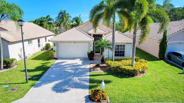 1738 Barnstable Rd, Wellington, FL 33414 - view of front of home featuring a garage, stucco siding, driveway, a tiled roof, and a front lawn