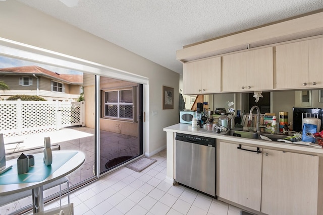 4604 Roxbury Ct, Boynton Beach, FL 33436 - kitchen with dishwasher, light brown cabinets, light countertops, light tile patterned flooring, and a textured ceiling