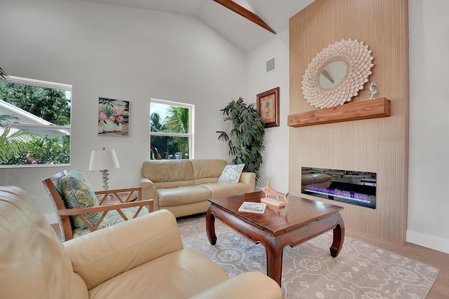 950 York St, West Palm Beach, FL 33401 - living room featuring high vaulted ceiling, a glass covered fireplace, and wood finished floors