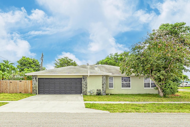 1518 Lee Ct, Lake Worth, FL 33461 - ranch-style house featuring a garage, concrete driveway, stone siding, and stucco siding