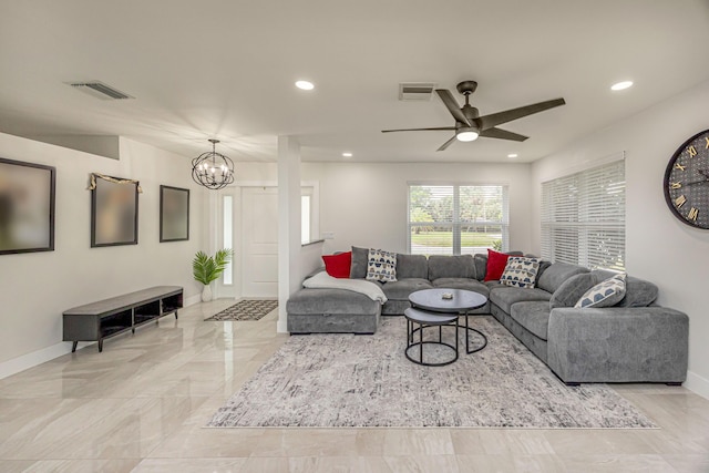 1518 Lee Ct, Lake Worth, FL 33461 - living area featuring recessed lighting, a ceiling fan, a chandelier, and marble finish floors