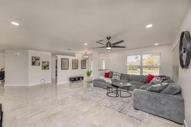 1518 Lee Ct, Lake Worth, FL 33461 - living area with ceiling fan, recessed lighting, and light marble finish flooring