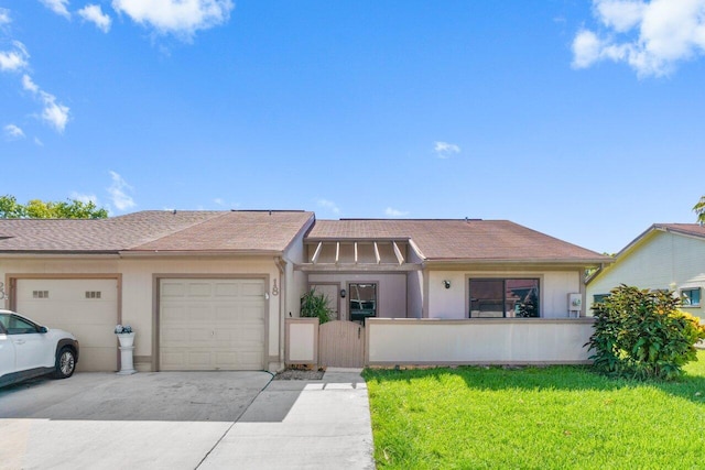 18 Winchmore Ln, Boynton Beach, FL 33426 - view of front of home featuring an attached garage, driveway, a fenced front yard, a gate, and a shingled roof