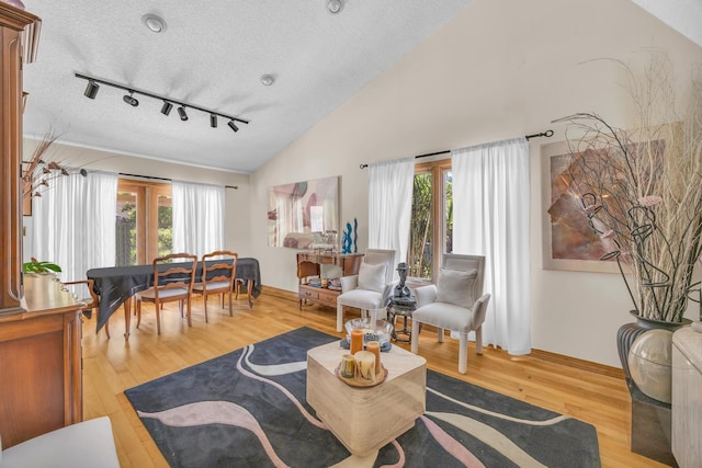 9070 NW 16th St, Plantation, FL 33322 - living room featuring wood finished floors, vaulted ceiling, rail lighting, and a textured ceiling