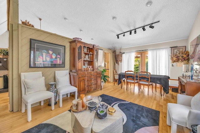 9070 NW 16th St, Plantation, FL 33322 - living area with a textured ceiling, light wood-style flooring, wood walls, and track lighting
