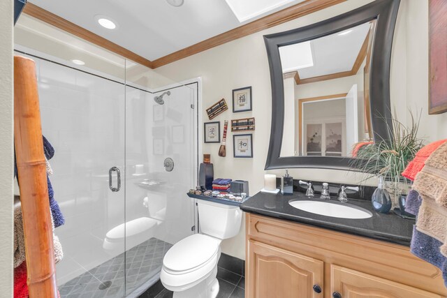 9070 NW 16th St, Plantation, FL 33322 - bathroom featuring crown molding, a shower stall, tile patterned floors, and vanity