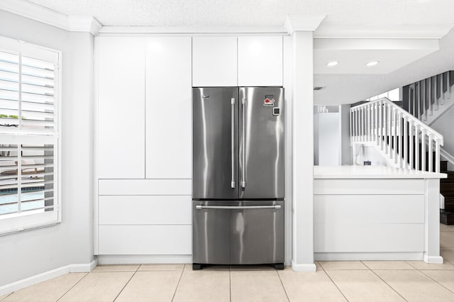5086 Prairie Dunes Village Cir, Lake Worth, FL 33463 - kitchen featuring high end refrigerator, white cabinetry, a textured ceiling, light tile patterned floors, and recessed lighting