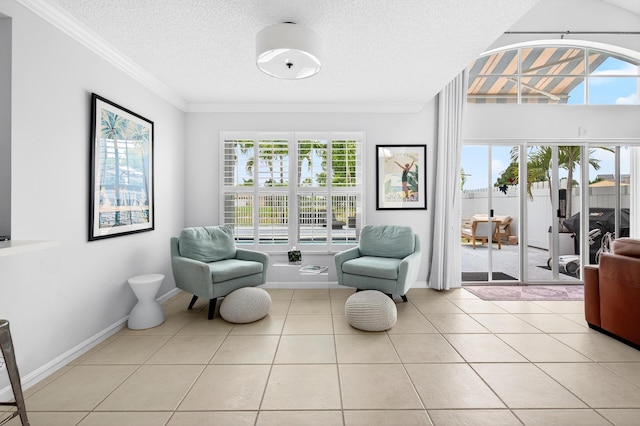 5086 Prairie Dunes Village Cir, Lake Worth, FL 33463 - living area with ornamental molding, light tile patterned floors, and a textured ceiling
