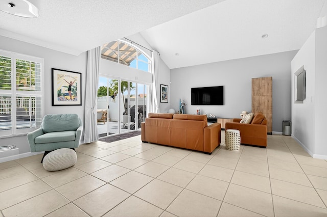 5086 Prairie Dunes Village Cir, Lake Worth, FL 33463 - living room featuring light tile patterned floors, healthy amount of natural light, and high vaulted ceiling
