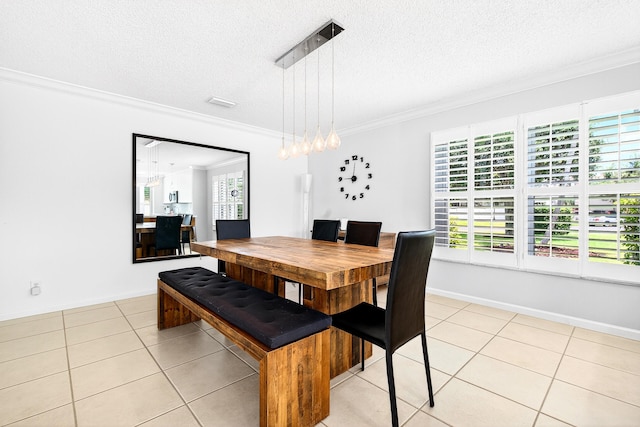 5086 Prairie Dunes Village Cir, Lake Worth, FL 33463 - dining room featuring ornamental molding, healthy amount of natural light, light tile patterned floors, a textured ceiling, and a chandelier
