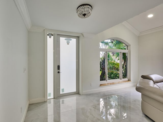 10889 Fillmore Dr, Boynton Beach, FL 33437 - entrance foyer featuring marble tiled flooring, ornamental molding, and recessed lighting