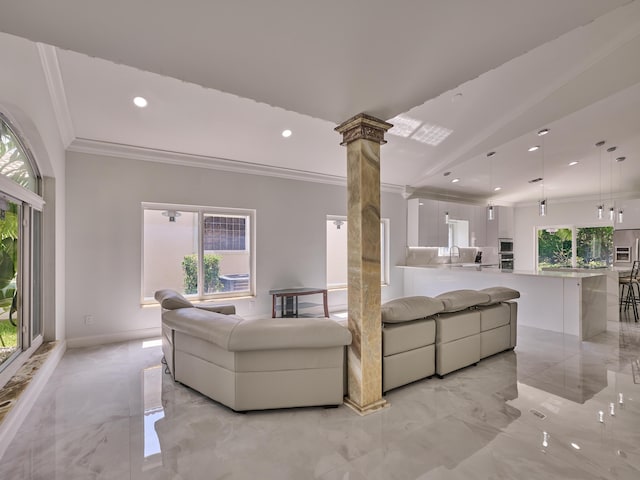 10889 Fillmore Dr, Boynton Beach, FL 33437 - living room with ornamental molding, light marble finish floors, recessed lighting, and decorative columns