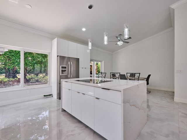 10889 Fillmore Dr, Boynton Beach, FL 33437 - kitchen featuring stainless steel fridge with ice dispenser, light marble finish floors, black electric stovetop, crown molding, and a kitchen island