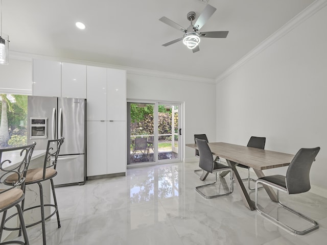10889 Fillmore Dr, Boynton Beach, FL 33437 - dining area with crown molding, light marble finish floors, a ceiling fan, and recessed lighting