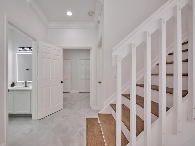10889 Fillmore Dr, Boynton Beach, FL 33437 - stairs featuring crown molding, marble finish floors, and recessed lighting