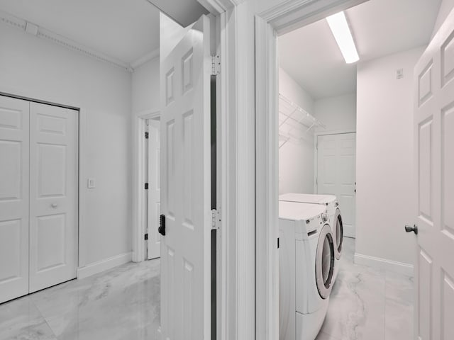 10889 Fillmore Dr, Boynton Beach, FL 33437 - laundry room with light marble finish floors and independent washer and dryer