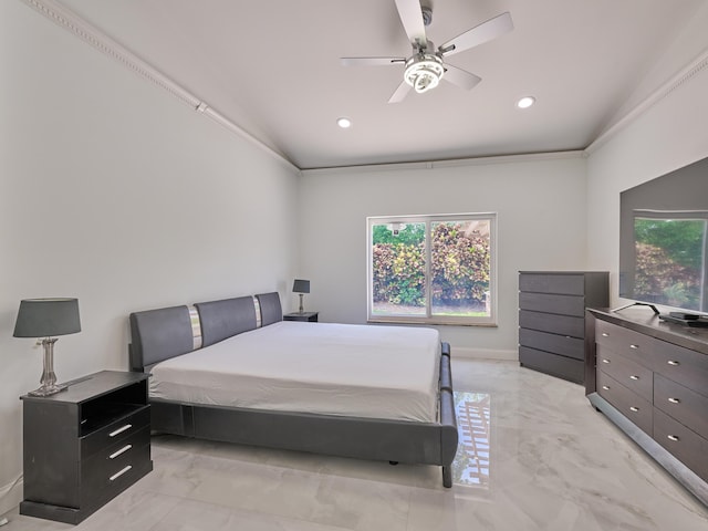 10889 Fillmore Dr, Boynton Beach, FL 33437 - bedroom featuring lofted ceiling, light marble finish flooring, recessed lighting, and a ceiling fan