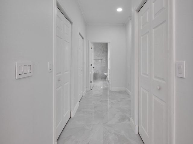 10889 Fillmore Dr, Boynton Beach, FL 33437 - hall featuring light marble finish floors and crown molding