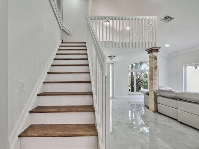 10889 Fillmore Dr, Boynton Beach, FL 33437 - stairway with marble tiled floors, ornamental molding, and recessed lighting