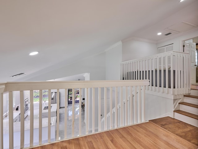 10889 Fillmore Dr, Boynton Beach, FL 33437 - corridor with crown molding, wood finished floors, recessed lighting, and vaulted ceiling