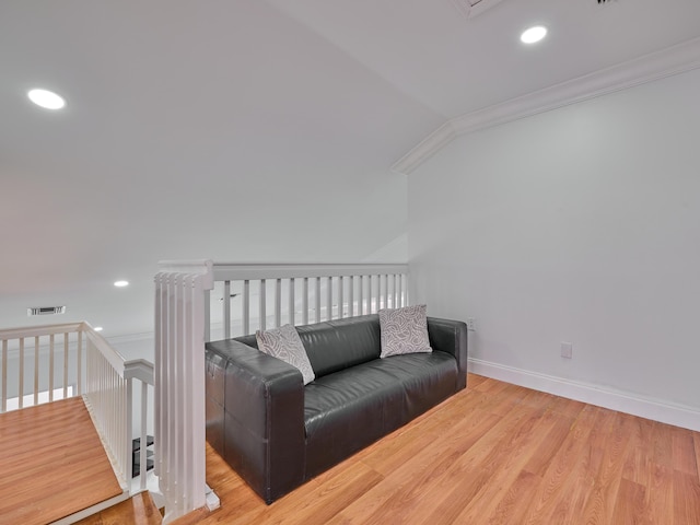 10889 Fillmore Dr, Boynton Beach, FL 33437 - living area with ornamental molding, an upstairs landing, recessed lighting, and wood finished floors