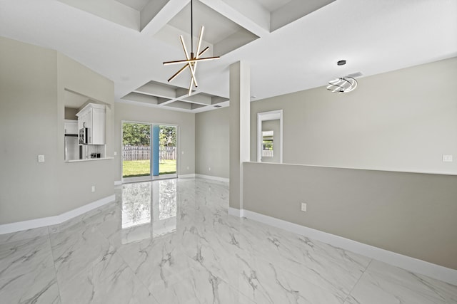 3257 SE Snow Rd, Port Saint Lucie, FL 34984 - unfurnished room featuring coffered ceiling, light marble finish flooring, a chandelier, and beamed ceiling