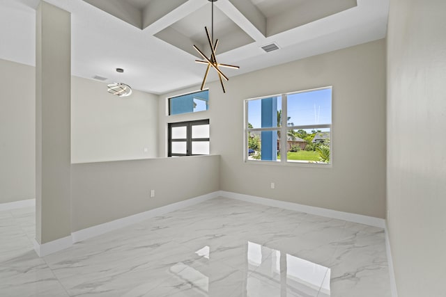 3257 SE Snow Rd, Port Saint Lucie, FL 34984 - unfurnished room with marble look tile flooring, coffered ceiling, a chandelier, and beamed ceiling