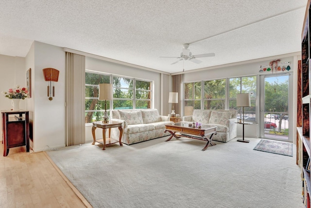10777 W Sample Rd Unit 207, Coral Springs, FL 33065 - living area with a ceiling fan, healthy amount of natural light, a textured ceiling, and wood finished floors