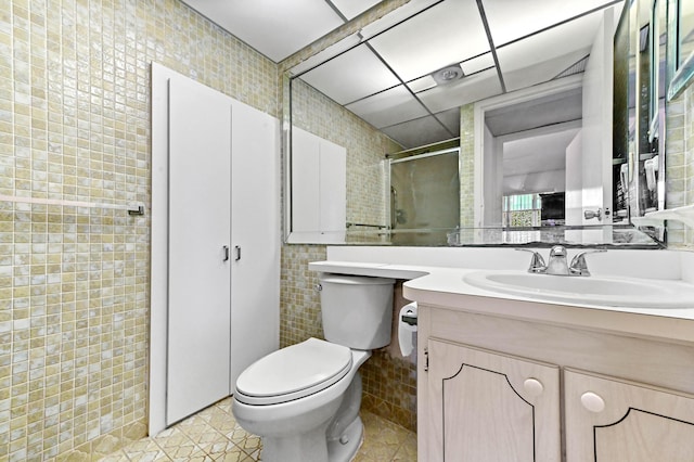 444 Saxony J, Delray Beach, FL 33446 - full bathroom with tile walls, vanity, tile patterned flooring, and a shower