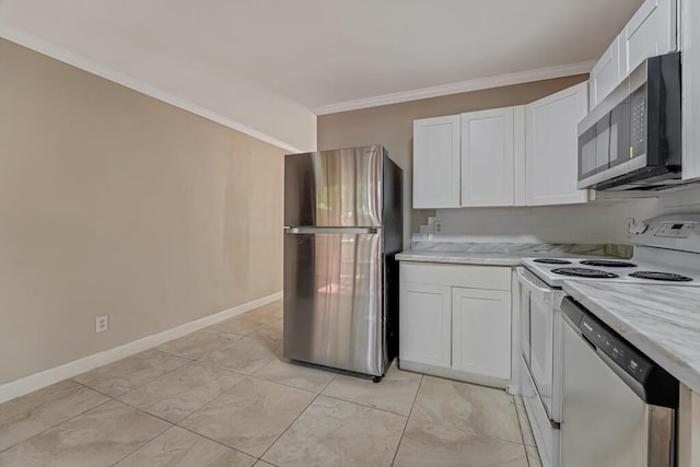 732 Neil Rd Unit 1-4, West Palm Beach, FL 33415 - kitchen with appliances with stainless steel finishes, white cabinets, ornamental molding, and light stone countertops