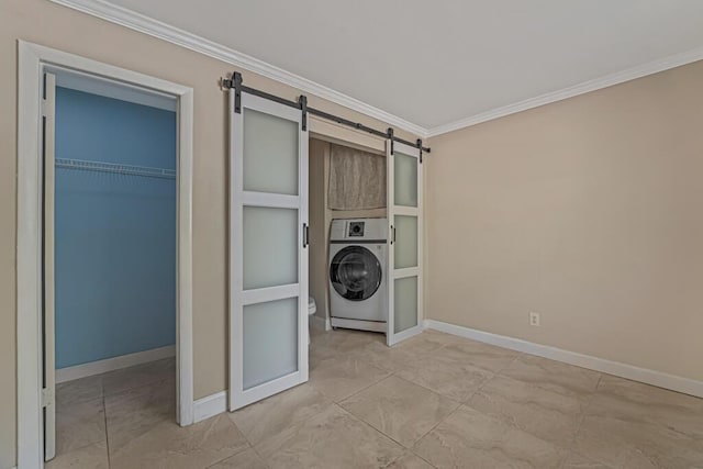 732 Neil Rd Unit 1-4, West Palm Beach, FL 33415 - laundry area featuring a barn door and crown molding