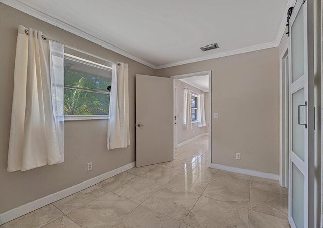 732 Neil Rd Unit 1-4, West Palm Beach, FL 33415 - unfurnished bedroom with ornamental molding, light marble finish flooring, and a barn door
