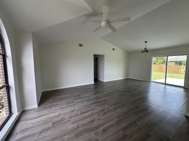 226 SW Statler Ave, Port Saint Lucie, FL 34984 - unfurnished room with a chandelier, dark wood finished floors, ceiling fan, and lofted ceiling