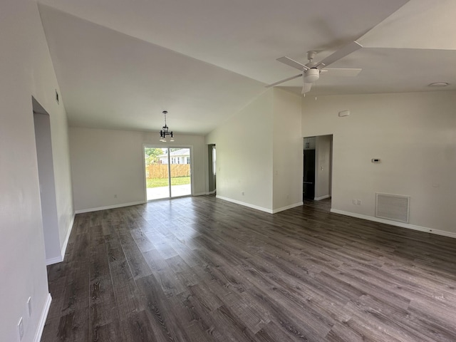 226 SW Statler Ave, Port Saint Lucie, FL 34984 - unfurnished room featuring vaulted ceiling, dark wood-type flooring, and a ceiling fan