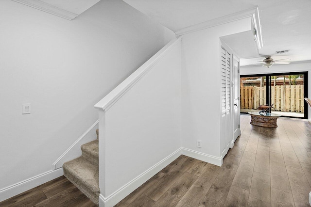421 N Cypress Dr Unit 15, Tequesta, FL 33469 - staircase featuring wood finished floors, a ceiling fan, and ornamental molding