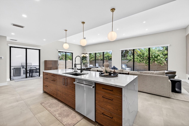 1807 NE 18th St, Fort Lauderdale, FL 33305 - kitchen with stainless steel dishwasher, modern cabinets, open floor plan, a large island, and recessed lighting
